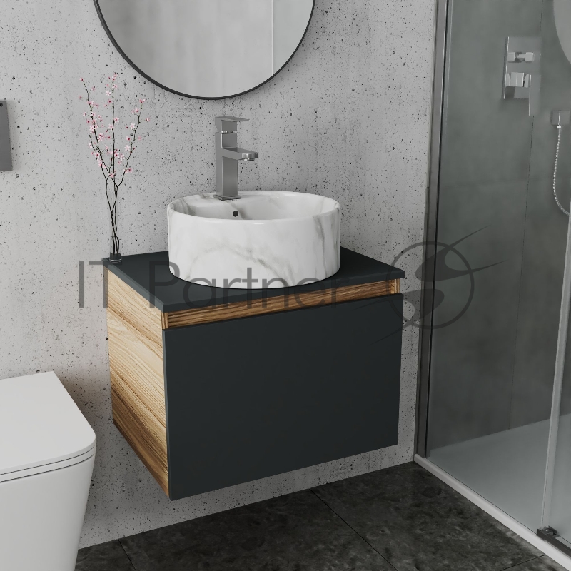 Комплект: тумба Bau Dream Blackwood графит 60, 1 ящик, раковина круглая накладная BAU Element D41, мрамор, смеситель Hotel Stil, нерж сталь