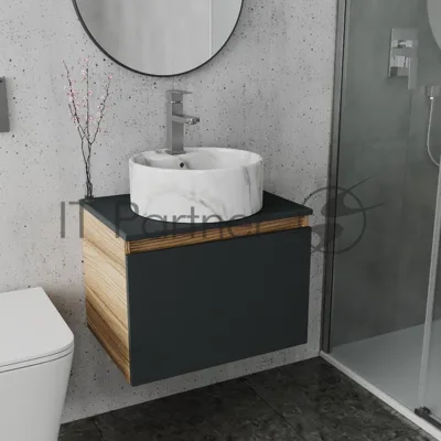 Комплект: тумба Bau Dream Blackwood графит 60, 1 ящик, раковина круглая накладная BAU Element D41, мрамор, смеситель Hotel Stil, нерж сталь
