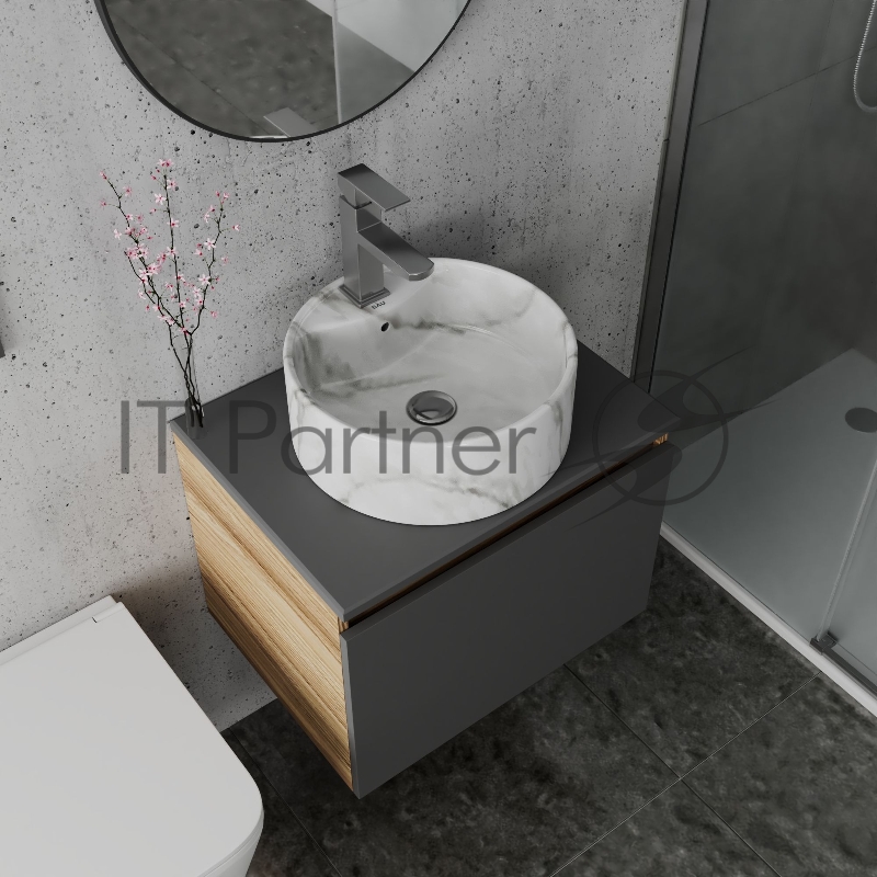 Комплект: тумба Bau Dream Blackwood графит 60, 1 ящик, раковина круглая накладная BAU Element D41, мрамор, смеситель Hotel Stil, нерж сталь, выпуск клик клак хром