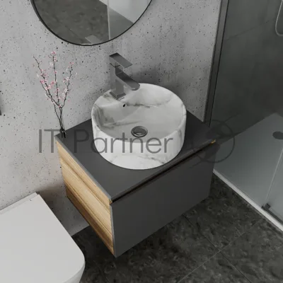 Комплект: тумба Bau Dream Blackwood графит 60, 1 ящик, раковина круглая накладная BAU Element D41, мрамор, смеситель Hotel Stil, нерж сталь, выпуск клик клак хром