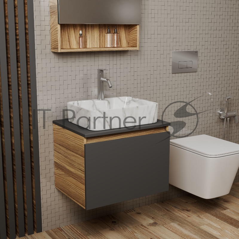 Комплект: тумба Bau Dream Blackwood графит 60, 1 ящик, раковина прямоугольная BAU Cerama 48х37, мрамор, смеситель Hotel Dream, нерж сталь