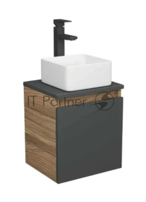 Тумба Bau Dream Blackwood 35 с ящиком, графит, раковина BAU Mini 37х23, смеситель для раковины высокий Hotel Still, нержавеющая сталь