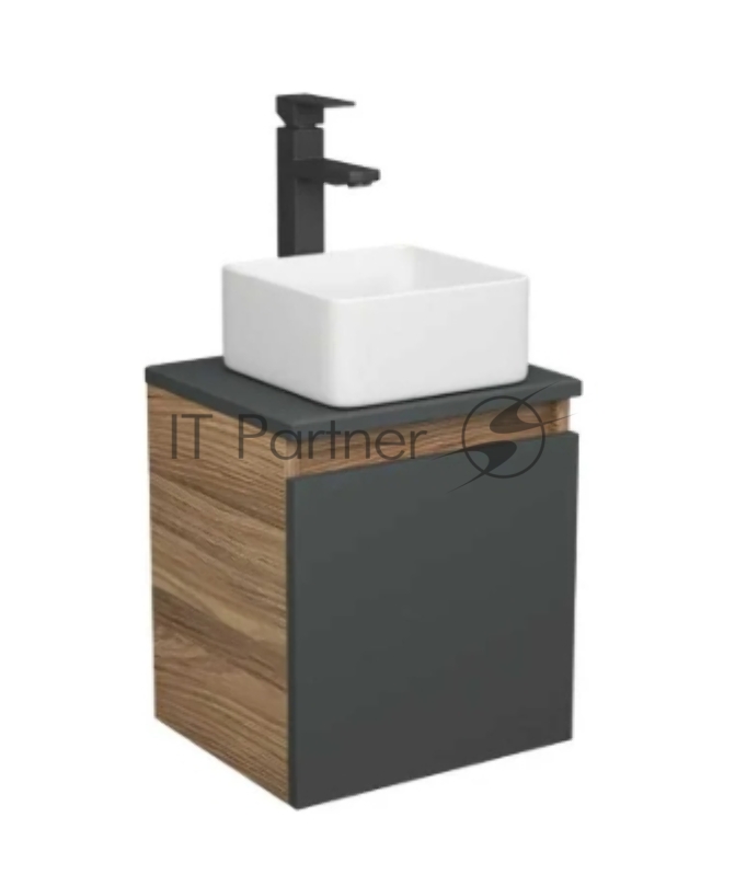 Тумба Bau Dream Blackwood 35 с ящиком, графит, раковина BAU Mini 37х23, смеситель для раковины высокий Hotel Still, нержавеющая сталь, выпуск клик клак, хром