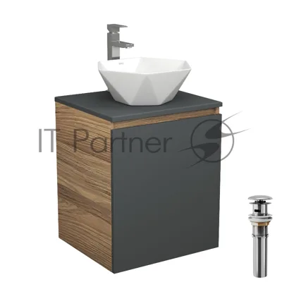 Тумба Bau Dream Blackwood 50 графит, раковина BAU Crystal 40х40, смеситель для раковины высокий Hotel Still, нержавеющая сталь, выпуск клик клак, хром