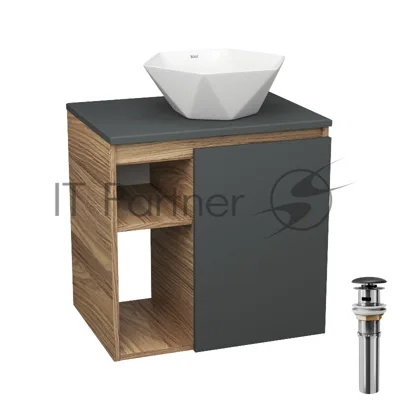 Тумба Bau Dream Blackwood 60 правая, графит, раковина BAU Crystal 40х40, выпуск клик клак, черный