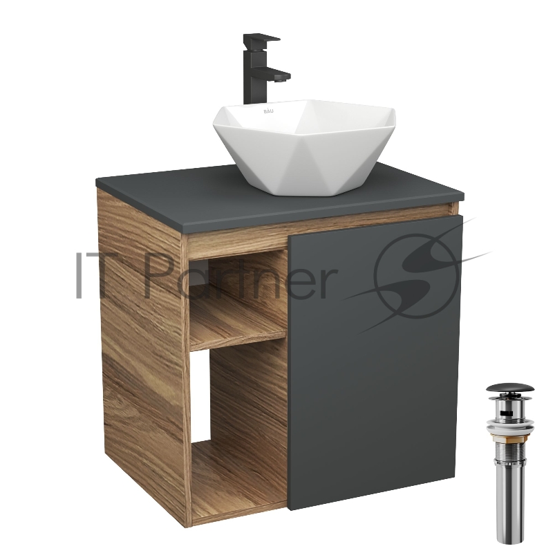 Тумба Bau Dream Blackwood 60 правая, графит, раковина BAU Crystal 40х40, смеситель для раковины высокий Hotel Black, черный, выпуск клик клак, черный
