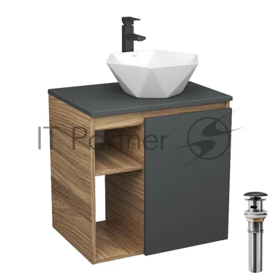 Тумба Bau Dream Blackwood 60 правая, графит, раковина BAU Crystal 40х40, смеситель для раковины высокий Hotel Black, черный, выпуск клик клак, черный