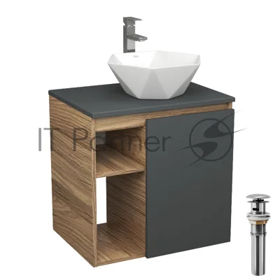 Тумба Bau Dream Blackwood 60 правая, графит, раковина BAU Crystal 40х40, смеситель для раковины высокий Hotel Still, нержавеющая сталь, выпуск клик клак, хром