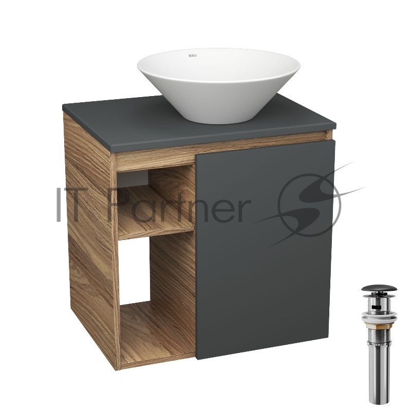 Тумба Bau Dream Blackwood 60 правая, графит, раковина BAU Dream D43, выпуск клик клак, черный