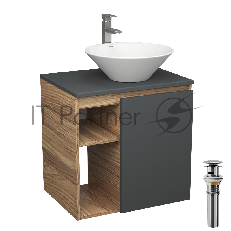 Тумба Bau Dream Blackwood 60 правая, графит, раковина BAU Dream D43, смеситель для раковины высокий Hotel Still, нержавеющая сталь, выпуск клик клак, хром