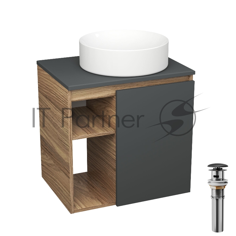 Тумба Bau Dream Blackwood 60 правая, графит, раковина BAU Dream круглая D41, выпуск клик клак, черный