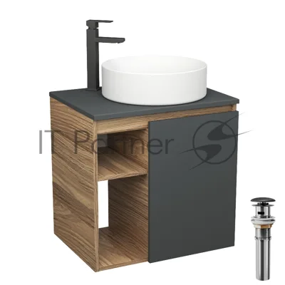 Тумба Bau Dream Blackwood 60 правая, графит, раковина BAU Dream круглая D41, смеситель для раковины высокий Hotel Black, черный, выпуск клик клак, черный