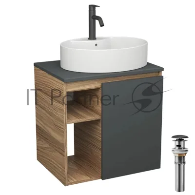 Тумба Bau Dream Blackwood 60 правая, графит, раковина BAU Nimb 51х41 белая, смеситель Hotel Dream Black, нерж. сталь, черный, выпуск клик клак черный
