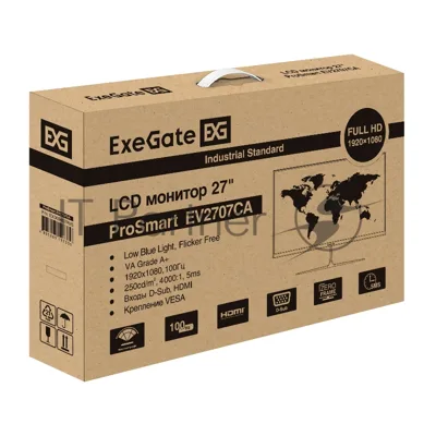 Монитор 27" ExeGate ProSmart EV2707CA VA 1920x1080, 100 Гц, 5 мс, 16:9, 250 кд/м², HDMI, VGA, Flicker Free, Low Blue Light, черный