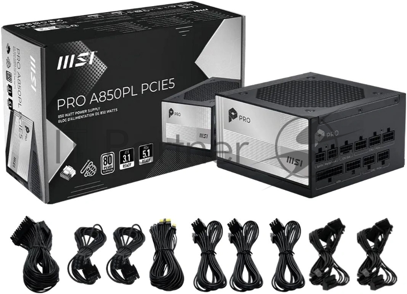 Блок питания MSI PRO A850PL PCIE5, 850Вт, 80+ Platinum, 120мм, модульный, черный
