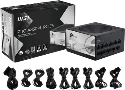 Блок питания MSI PRO A850PL PCIE5, 850Вт, 80+ Platinum, 120мм, модульный, черный