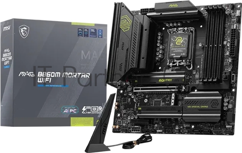 Материнская плата MSI MAG B860M MORTAR WIFI, LGA 1851, Intel B860, 4xDDR5 (до 256 ГБ), 4xSATA, 3xM.2 (1xPCIe 5.0, 2xPCIe 4.0), 1xPCIe 5.0 x16, 1xPCIe 4.0 x4, 1xHDMI, 1xDP, 1x5Gb LAN, Wi-Fi 7, Bluetooth 5.4, 1xUSB-C 40Gbps (Thunderbolt 4), 1xUSB-C 10Gbps, 3xUSB-A 10Gbps, 4xUSB-A 2.0, 3x3.5 мм + S/PDIF оптический, 7.1, чёрный, mATX
