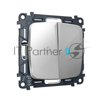 Комплект механизма 2-кл выключателя с самовозвратом с подсветкой 10000K OMEGA Серебро глянец QUANT (OP4040, VM129, G17B) MO404060