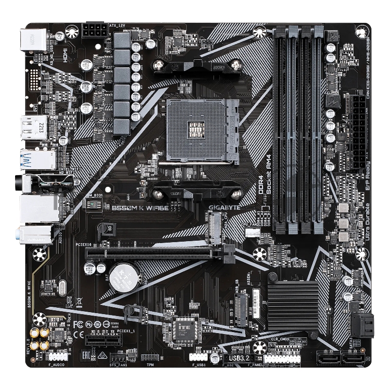 Материнская плата Gigabyte B550M-K WIFI6E, AM4, AMD B550, 4xDDR4, 4xSATA, 2xM.2, 1xPCIe 4.0 x16, 1xPCIe 3.0 x1, 1xHDMI, 1xDP, 1x1Gb LAN, Wi-Fi 6E, Bluetooth 5.3, 4xUSB-A 5Gbps, 4xUSB-A 2.0, 1xPS/2, 3x3.5 мм, 7.1, mATX