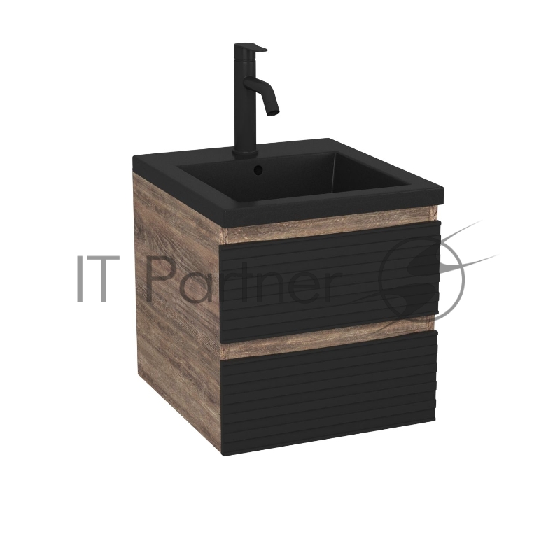 Тумба под раковину Bau Stil Loft black brushed, раковина кварцевая BAU Stil 40, черный металлик, смеситель Dream Black, черный