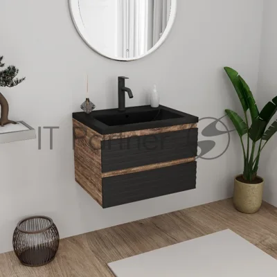 Тумба под раковину Bau Stil Loft black brushed, раковина кварцевая BAU Stil 58, черный металлик