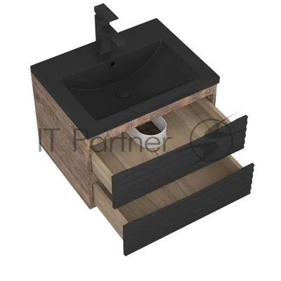 Тумба под раковину Bau Stil Loft black brushed, раковина кварцевая BAU Stil 58, черный металлик, смеситель Hotel Black, черный