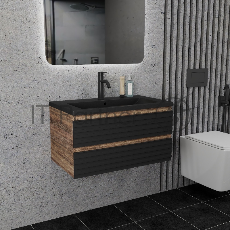 Тумба под раковину Bau Stil Loft black brushed, раковина кварцевая BAU Stil 75, черный металлик