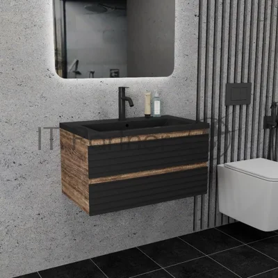 Тумба под раковину Bau Stil Loft black brushed, раковина кварцевая BAU Stil 75, черный металлик