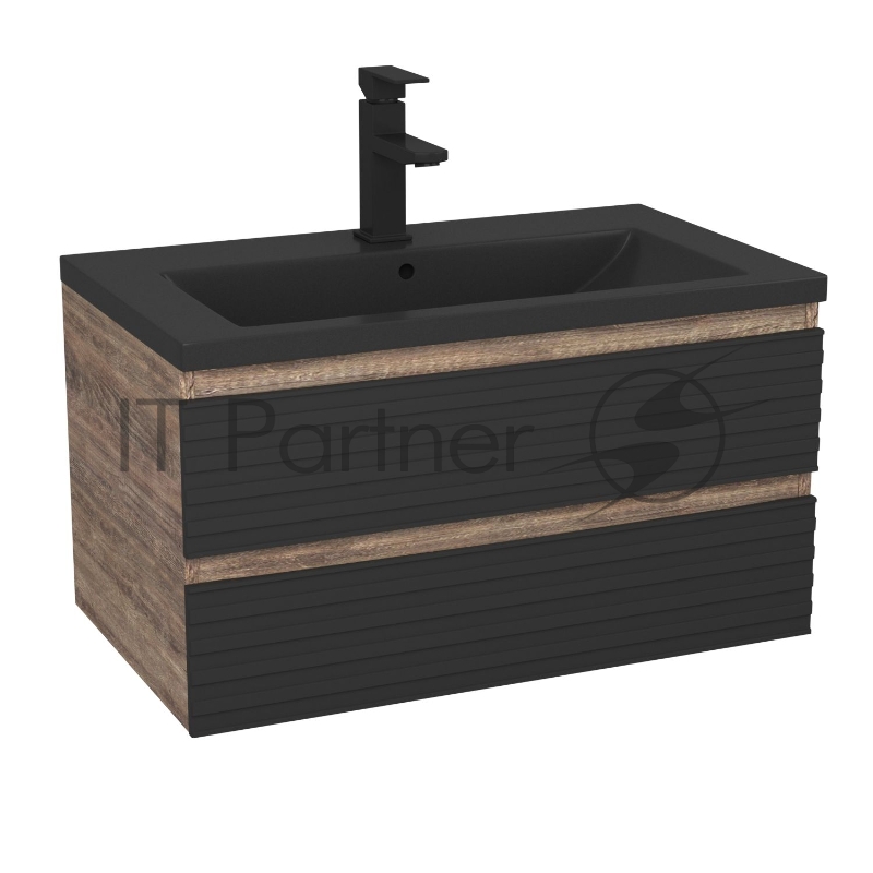 Тумба под раковину Bau Stil Loft black brushed, раковина кварцевая BAU Stil 75, черный металлик, смеситель Hotel Black, черный