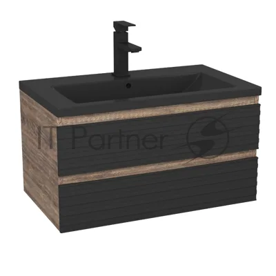 Тумба под раковину Bau Stil Loft black brushed, раковина кварцевая BAU Stil 75, черный металлик, смеситель Hotel Black, черный