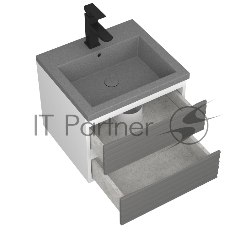 Тумба под раковину Bau Stil Loft grey brushed, раковина кварцевая BAU Stil 50, серый металлик, смеситель Hotel Black, черный
