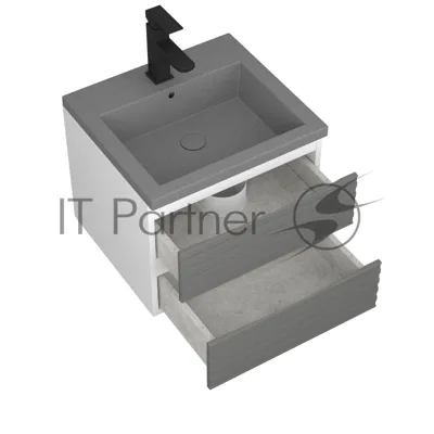 Тумба под раковину Bau Stil Loft grey brushed, раковина кварцевая BAU Stil 50, серый металлик, смеситель Hotel Black, черный