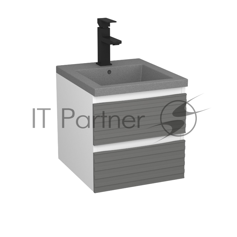 Тумба под раковину Bau Stil Loft grey brushed, раковина кварцевая BAU Stil 40, серый металлик, смеситель Hotel Black, черный