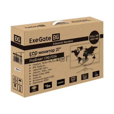 Монитор 27" Exegate EH2700A IPS 1920x1080, 100 Гц, 5 мс, 16:9, 250 кд/м², HDMI, VGA, Flicker Free, Low Blue Light, встроенные динамики, черный