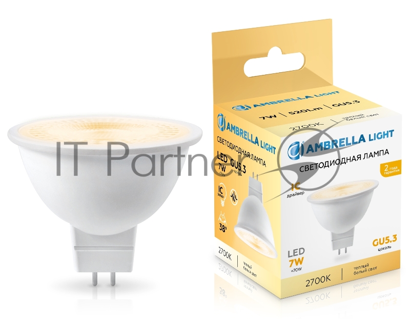 Лампа светодиодная	Ambrella light 170713 LED MR16 7W IC GU5.3 2700K 175-265V 38°