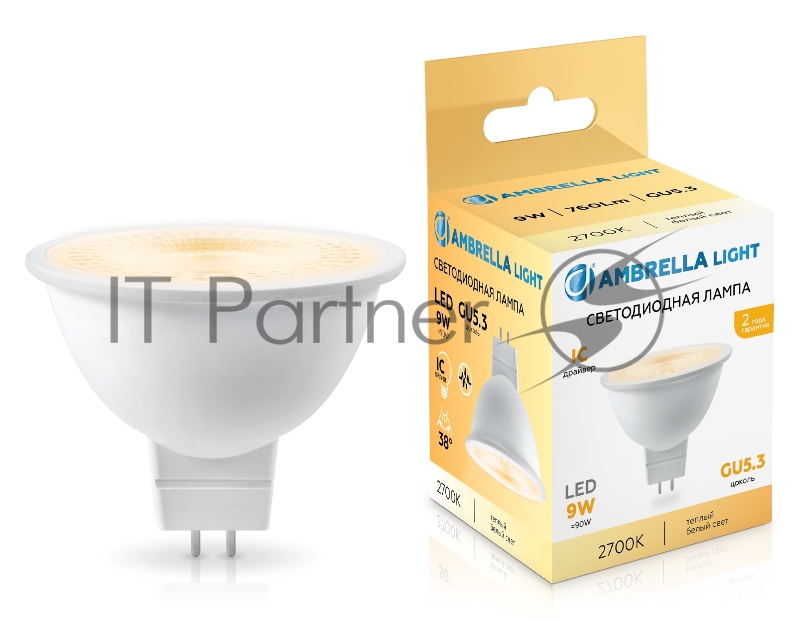 Лампа светодиодная	Ambrella light 170903 LED MR16 9W IC GU5.3 2700K 175-265V 38°