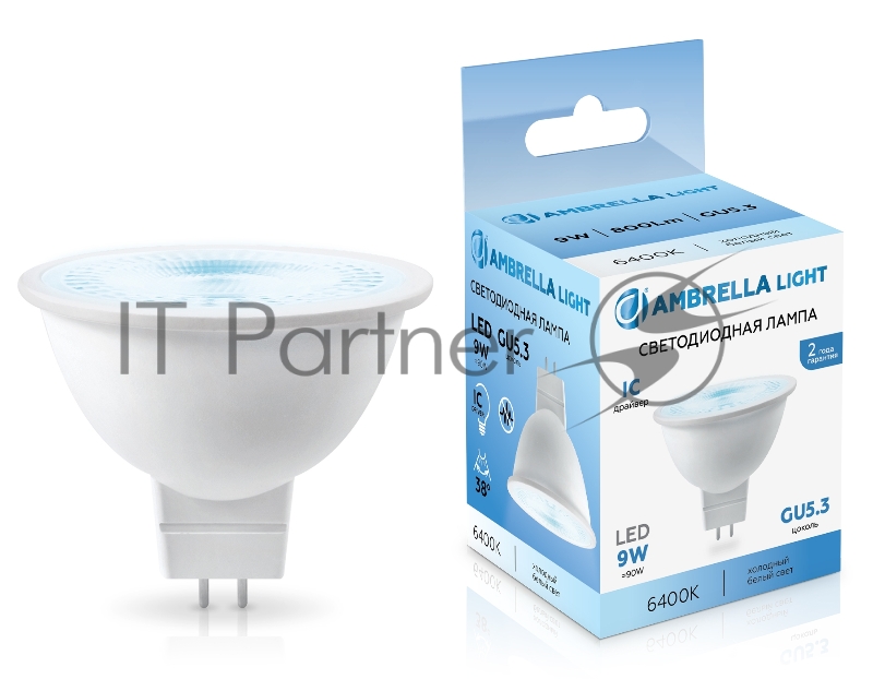 Лампа светодиодная	Ambrella light 170906 LED MR16 9W IC GU5.3 6400K 175-265V 38°