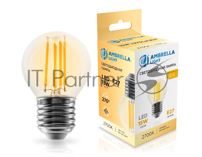 Лампа светодиодная 451523 Filament LED G45 15W E27 2700K 220-240V