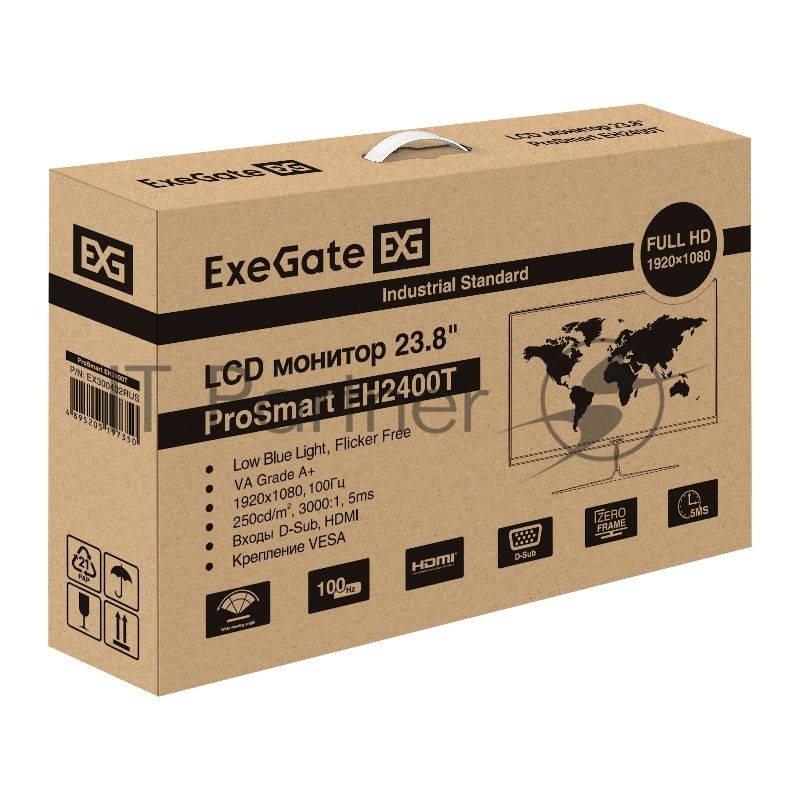 Монитор 23.8" ExeGate ProSmart EH2400T VA 1920x1080, 100 Гц, 5 мс, 16:9, 250 кд/м², HDMI, VGA, Flicker Free, Low Blue Light, черный