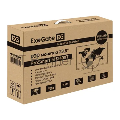 Монитор 23.8" ExeGate ProSmart EH2400T VA 1920x1080, 100 Гц, 5 мс, 16:9, 250 кд/м², HDMI, VGA, Flicker Free, Low Blue Light, черный