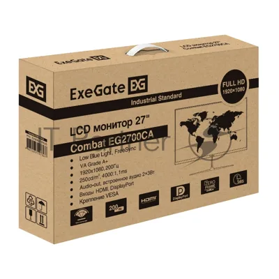 Монитор 27" ExeGate Combat EG2700CA VA 1920x1080, 200 Гц, 1 мс, 16:9, 250 кд/м², 2xHDMI, DisplayPort, Flicker Free, встроенные динамики, черный