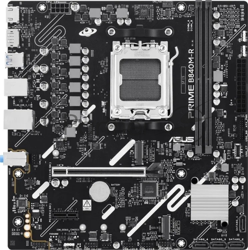Материнская плата ASUS PRIME B840M-R, AM5, AMD B840, 2xDDR5, 4xSATA, 1xPCIe 4.0 x16, 1xPCIe 3.0 x1, 1xDisplayPort, 1xHDMI, 1x 1Gb LAN, 4xUSB 3.2 Gen1, 2xUSB 2.0, 3x3.5 мм, 7.1, microATX