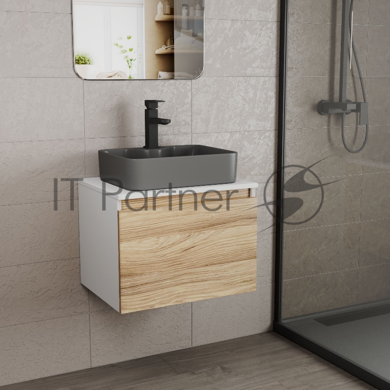 Комплект: тумба Bau Dream Blackwood 60, 1 ящик, раковина BAU Cerama 48х37, темно-серая, смеситель Hotel Black, черный матовый