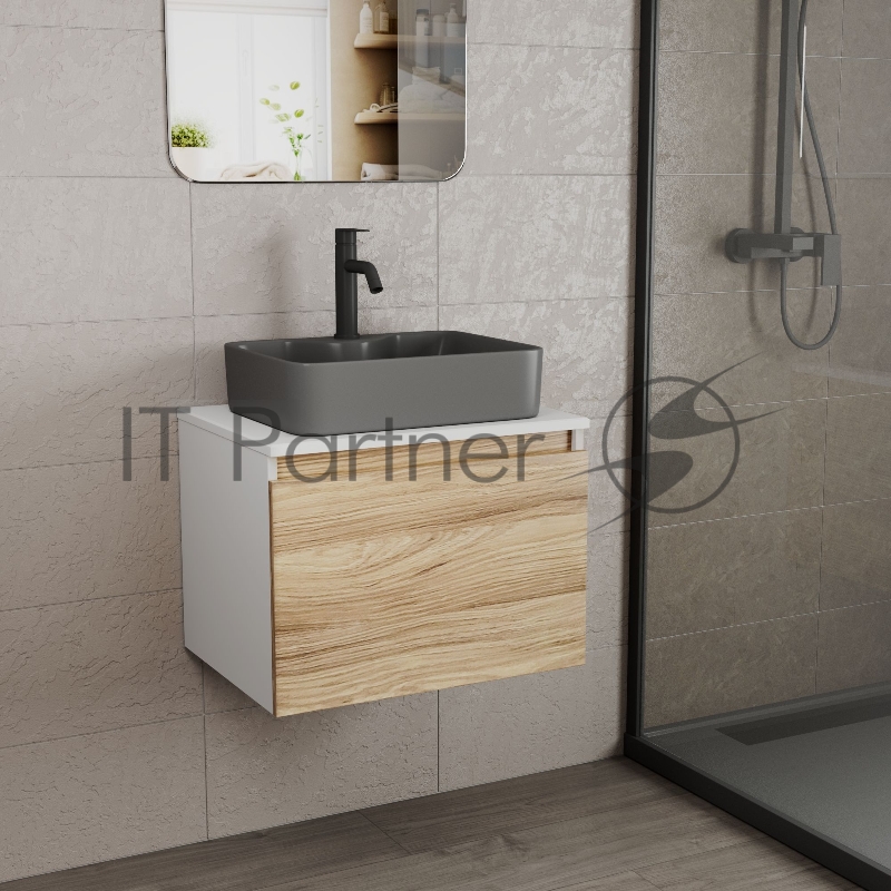 Комплект: тумба Bau Dream Blackwood 60, 1 ящик, раковина BAU Cerama 48х37, темно-серая, смеситель Hotel Dream Black, черный матовый