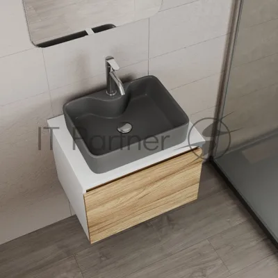 Комплект: тумба Bau Dream Blackwood 60, 1 ящик, раковина BAU Cerama 48х37, темно-серая, смеситель Hotel Dream, нерж сталь, выпуск клик клак хром