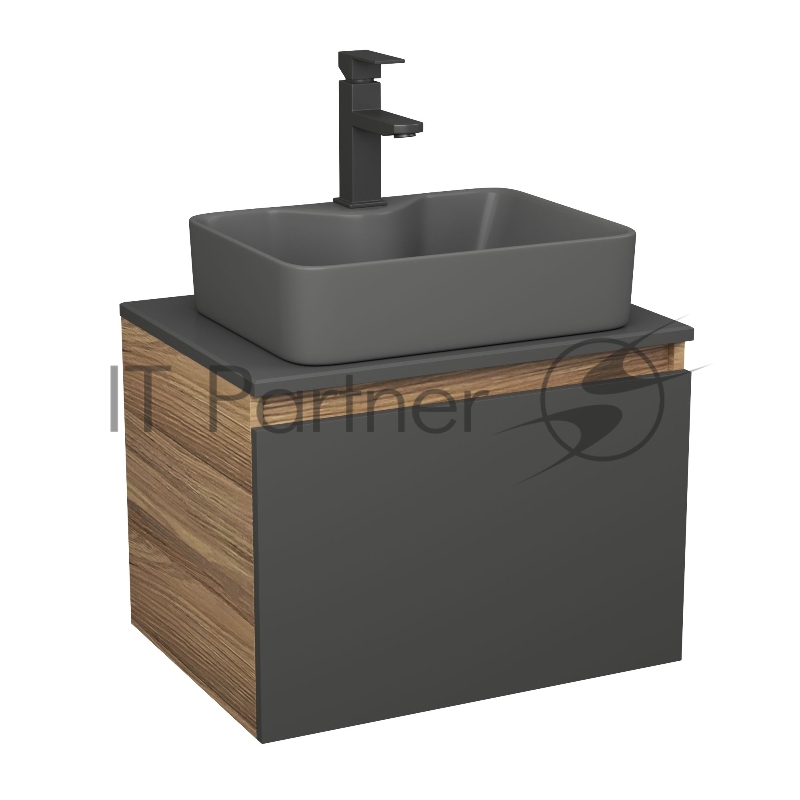 Комплект: тумба Bau Dream Blackwood графит 60, 1 ящик, раковина BAU Cerama 48х37, темно-серая, смеситель Hotel Black, черный матовый