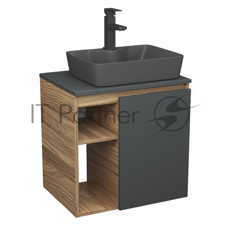 Тумба Bau Dream Blackwood 60 правая, графит, раковина BAU Cerama 48х37 темно-серая матовая, смеситель Hotel Black, черный