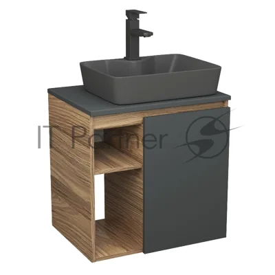 Тумба Bau Dream Blackwood 60 правая, графит, раковина BAU Cerama 48х37 темно-серая матовая, смеситель Hotel Black, черный