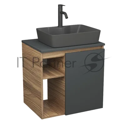 Тумба Bau Dream Blackwood 60 правая, графит, раковина BAU Cerama 48х37 темно-серая матовая, смеситель Hotel Dream Black, нерж. сталь, черный
