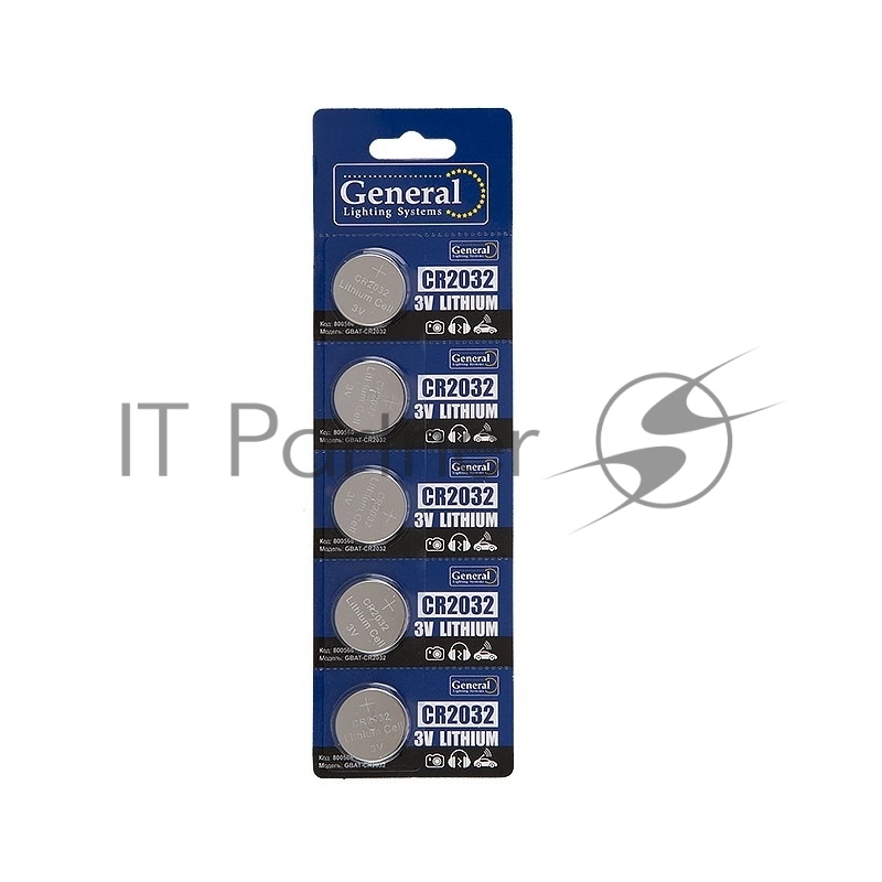 Батарейка General GBAT-CR2032 кнопочная литиевая 5шт в блист (800568) (5/100/2000)